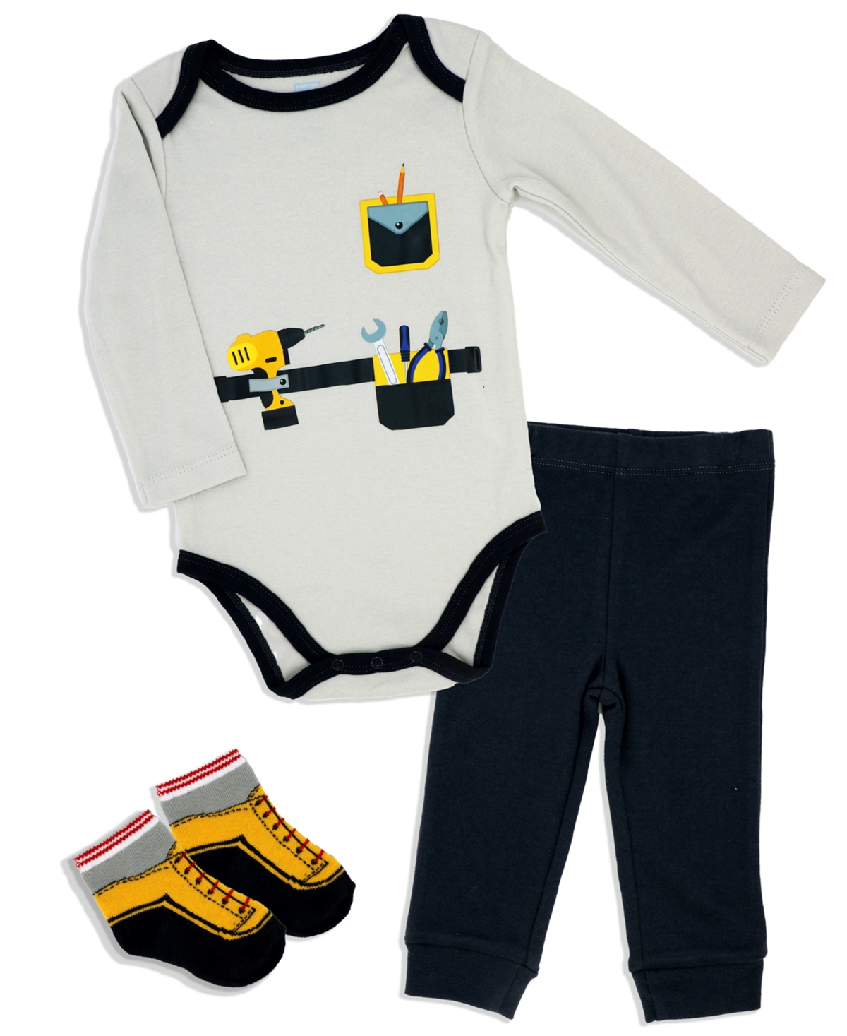 Shop Baby Mode Baby Boys Construction Long Sleeve Bodysuit, Pants And Socks, 3 Piece Set In Gray And Black