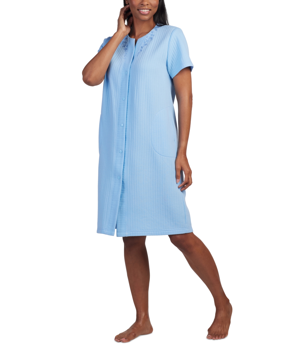Miss Elaine Women's Embroidered Short-sleeve Snap Robe In Blue
