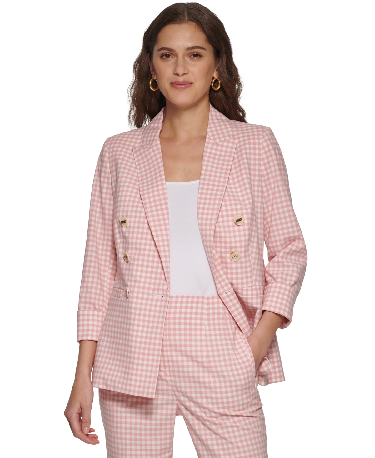 Petite Gingham Double-Breasted Blazer - Dusty French Rose