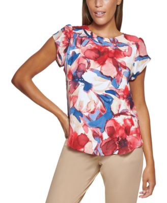 DKNY - Petite Floral-Print Flutter-Sleeve Blouse