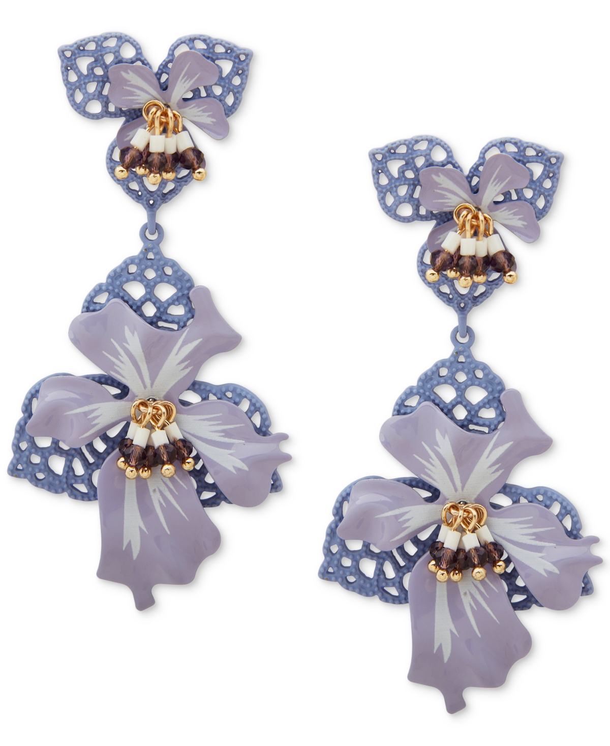 Gold-Tone Beaded 3D Openwork Flower Double Drop Earrings - Purple