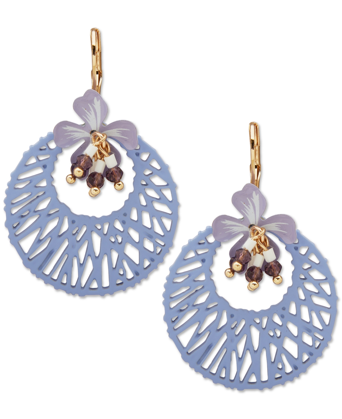 Gold-Tone Beaded 3D Openwork Flower Drop Earrings - Purple