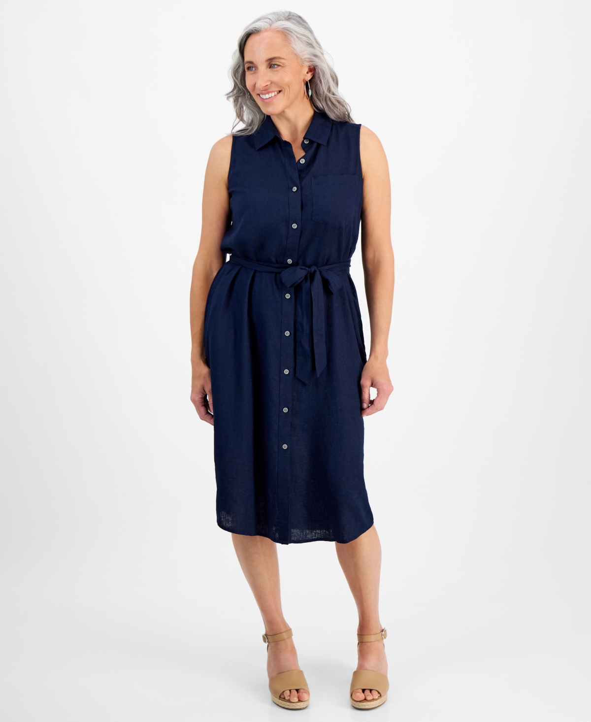 Shop Style & Co Petite Linen Sleeveless Shirt Dress, Created For Macy's In Industrial Blue