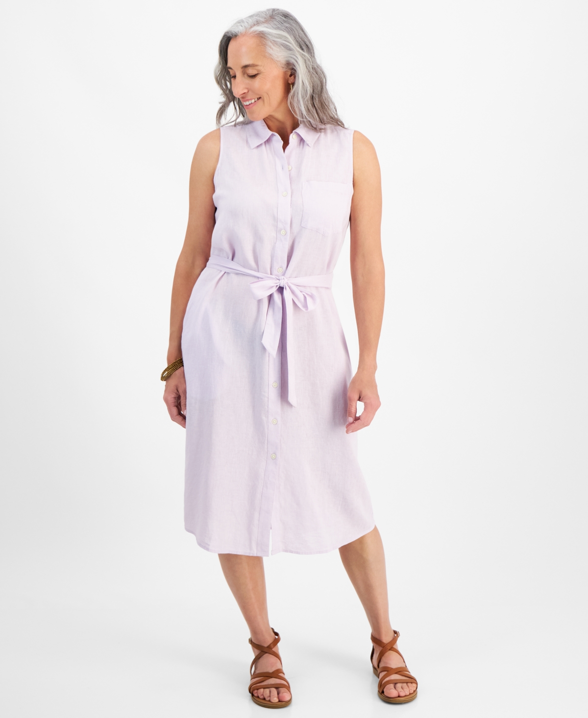 Petite Linen Sleeveless Shirt Dress, Created for Macy's - Lavender Fog