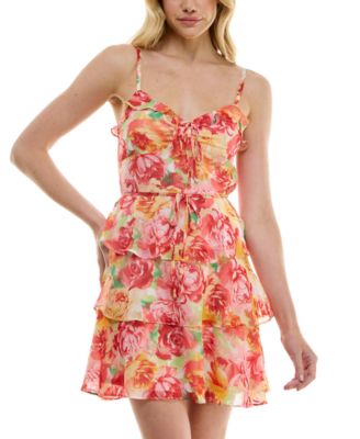BCX - Juniors' V-Neck Printed Strappy Fit & Flare Dress