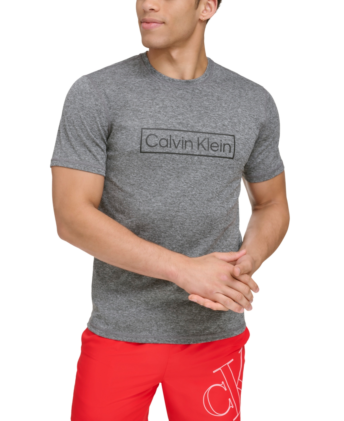 Calvin Klein Men's 4-way Stretch Quick-dry Box Logo-print Rash Guard In Grey Heather