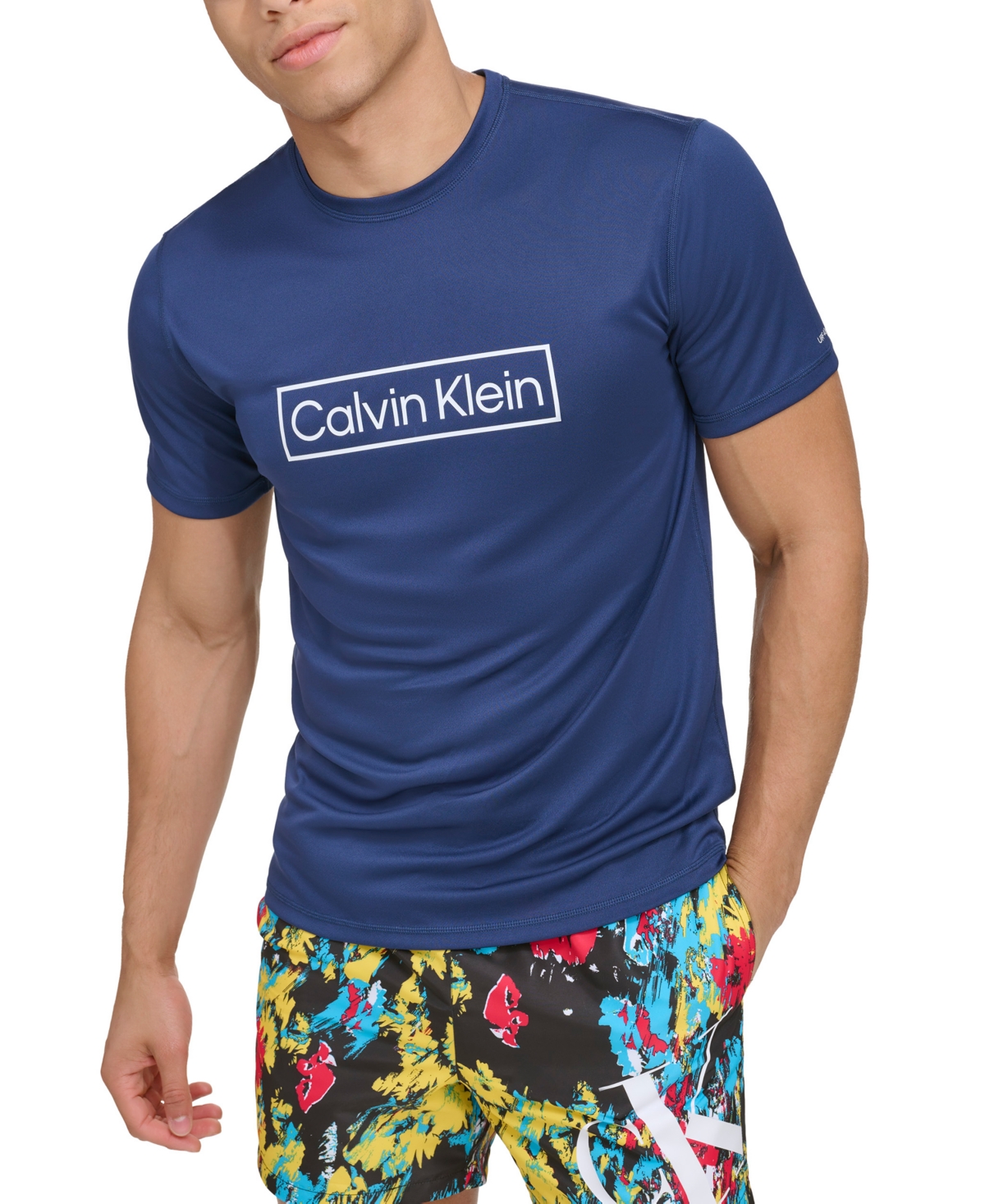 Calvin Klein Men's 4-way Stretch Quick-dry Box Logo-print Rash Guard In Navy