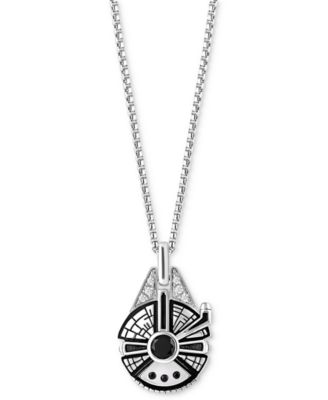 Wonder Fine Jewelry - Onyx, Black Spinel (1/20 ct. t.w.) & Diamond (1/20 ct. t.w.) Millenium Falcon 18" Pendant Necklace in Sterling Silver with Black Rhodium