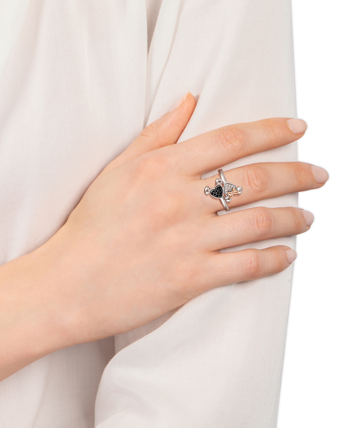 Disney Wonder Fine Jewelry Black & White Diamond Minnie & Mickey Mouse Wrap Ring (1/6 ct. t.w.) in Sterling Silver & Rose Gold-Plate - Sterling Silver