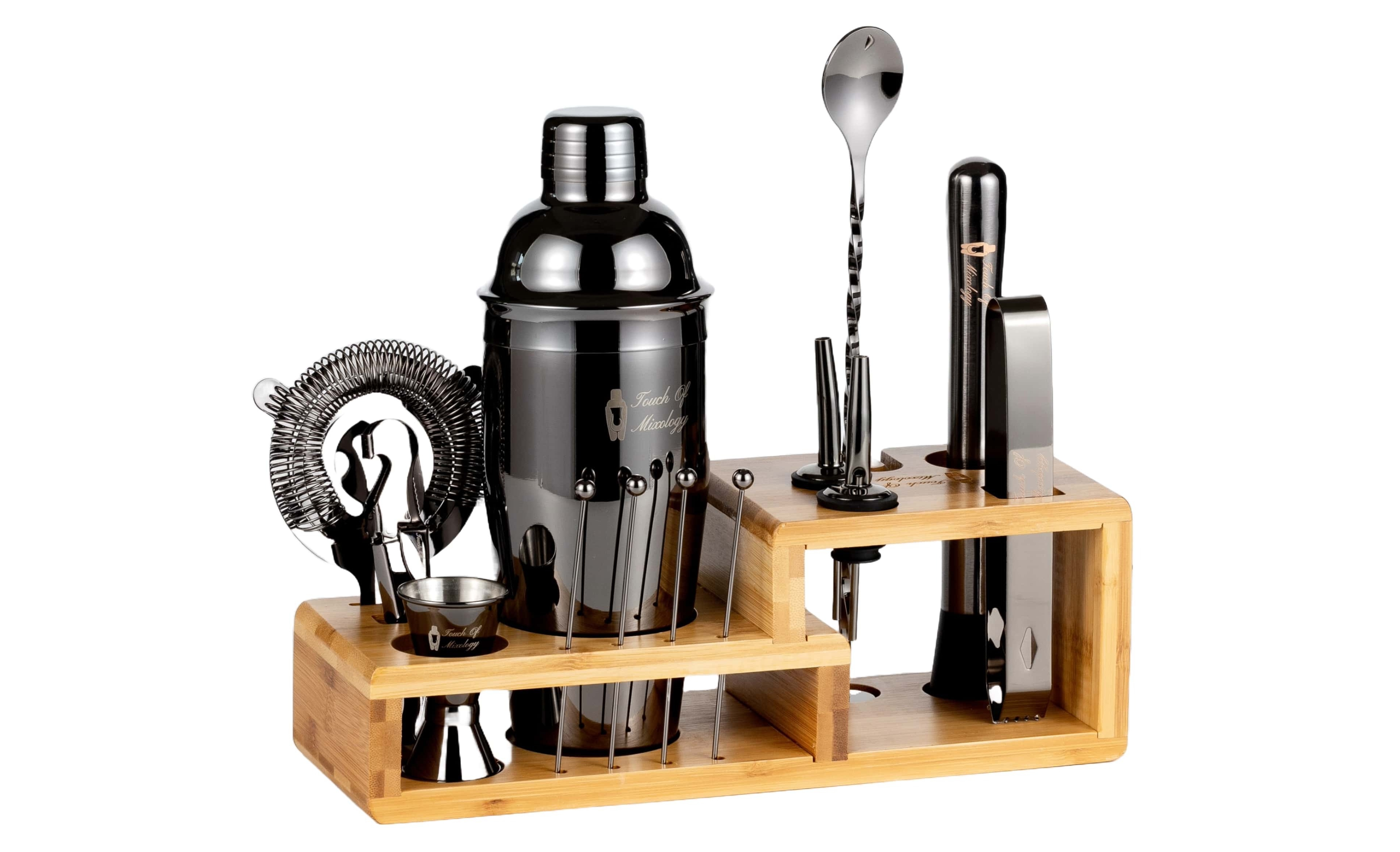 Touch of Mixology Premium 14 Piece Stainless Steel Bartender Kit with Bamboo Stand (Dark Metallic)