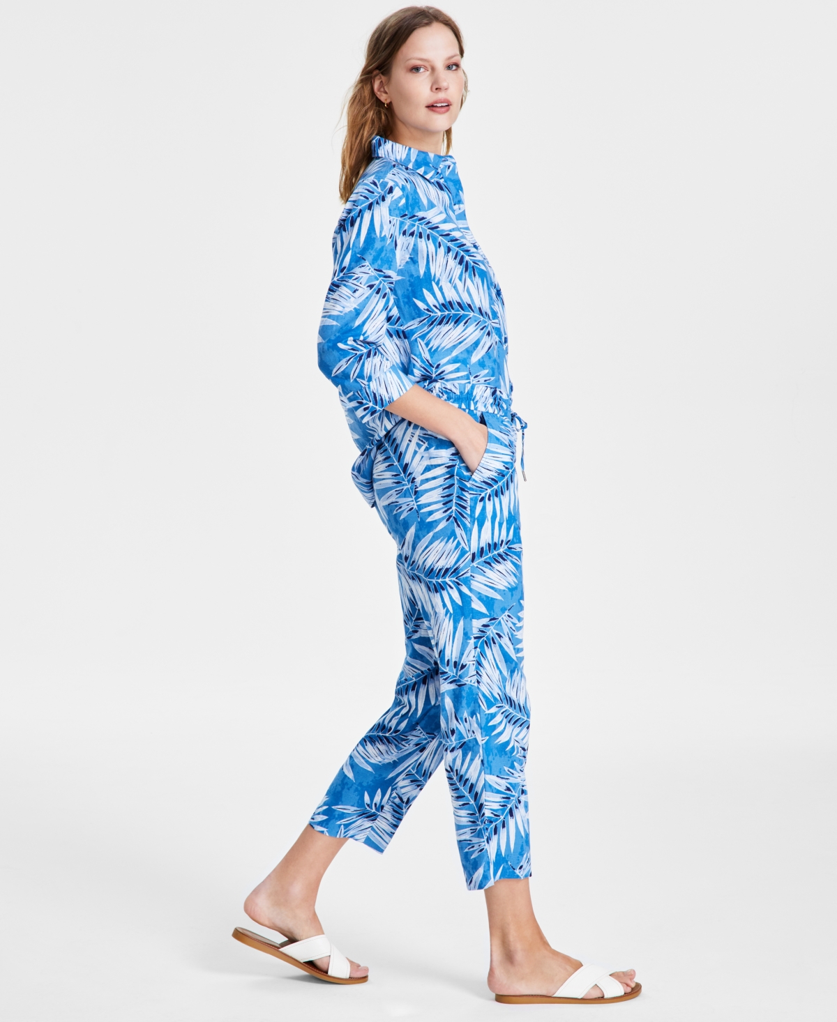 Shop Jones New York Women's Drawstring-waist Straight-leg Cropped Pants In Blue Lagoon,jones White
