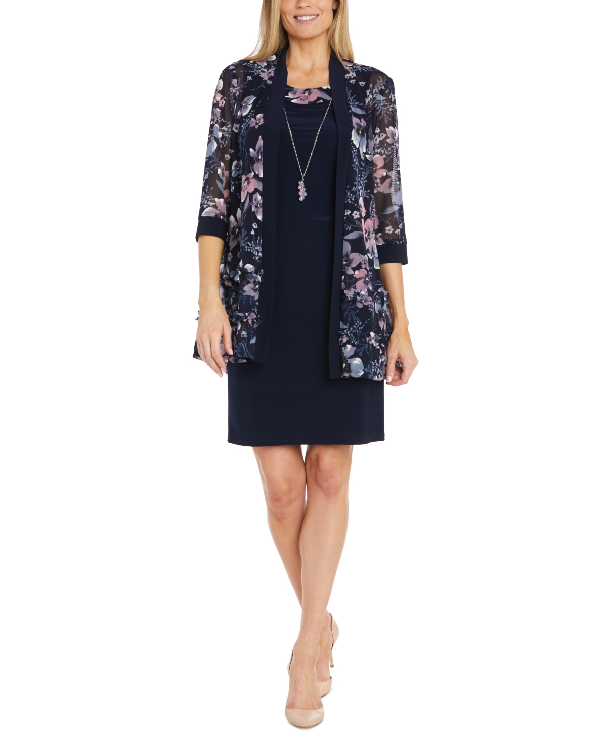 Shop R & M Richards Petite Floral Mesh Jacket And Contrast-trim Sleeveless Dress In Navy,pink