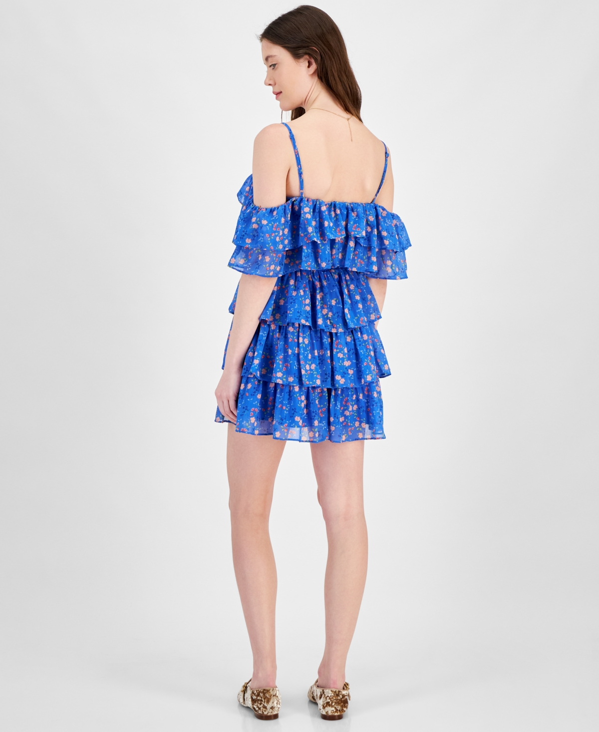 Shop City Studios Juniors' Floral Print Tiered Ruffled Fit & Flare Dress In Blue,coral