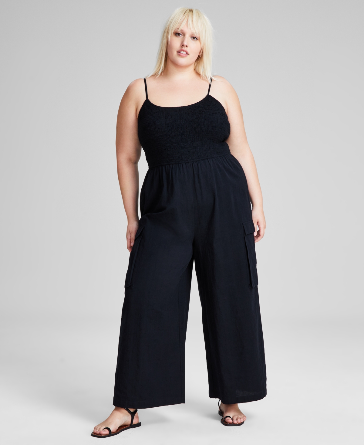 And Now This Trendy Plus Size Smocked Jumpsuit, Created For Macy's In Black