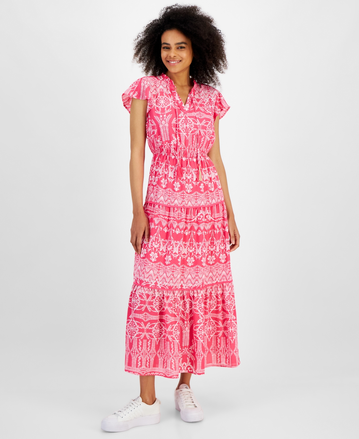Shop Tinsel Petite Mixed-print Flutter-sleeve Tiered Maxi Dress In Fuchsia Borders