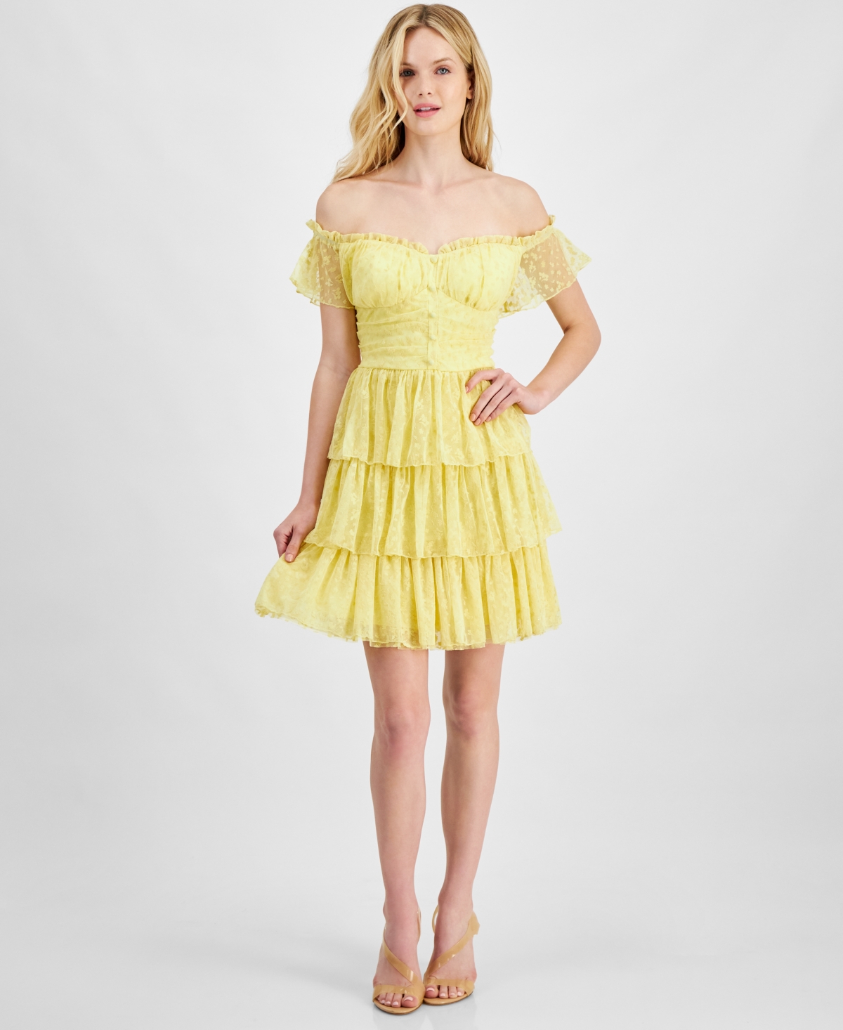 Shop City Studios Juniors' Off-the-shoulder Tiered Ruffle-trim Dress In Yellow