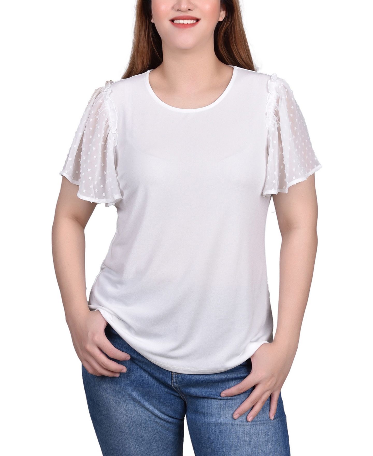 Женский топ NY Collection Petite Clip Dot Flutter Sleeve, цвет: Слоновая кость — фото 1