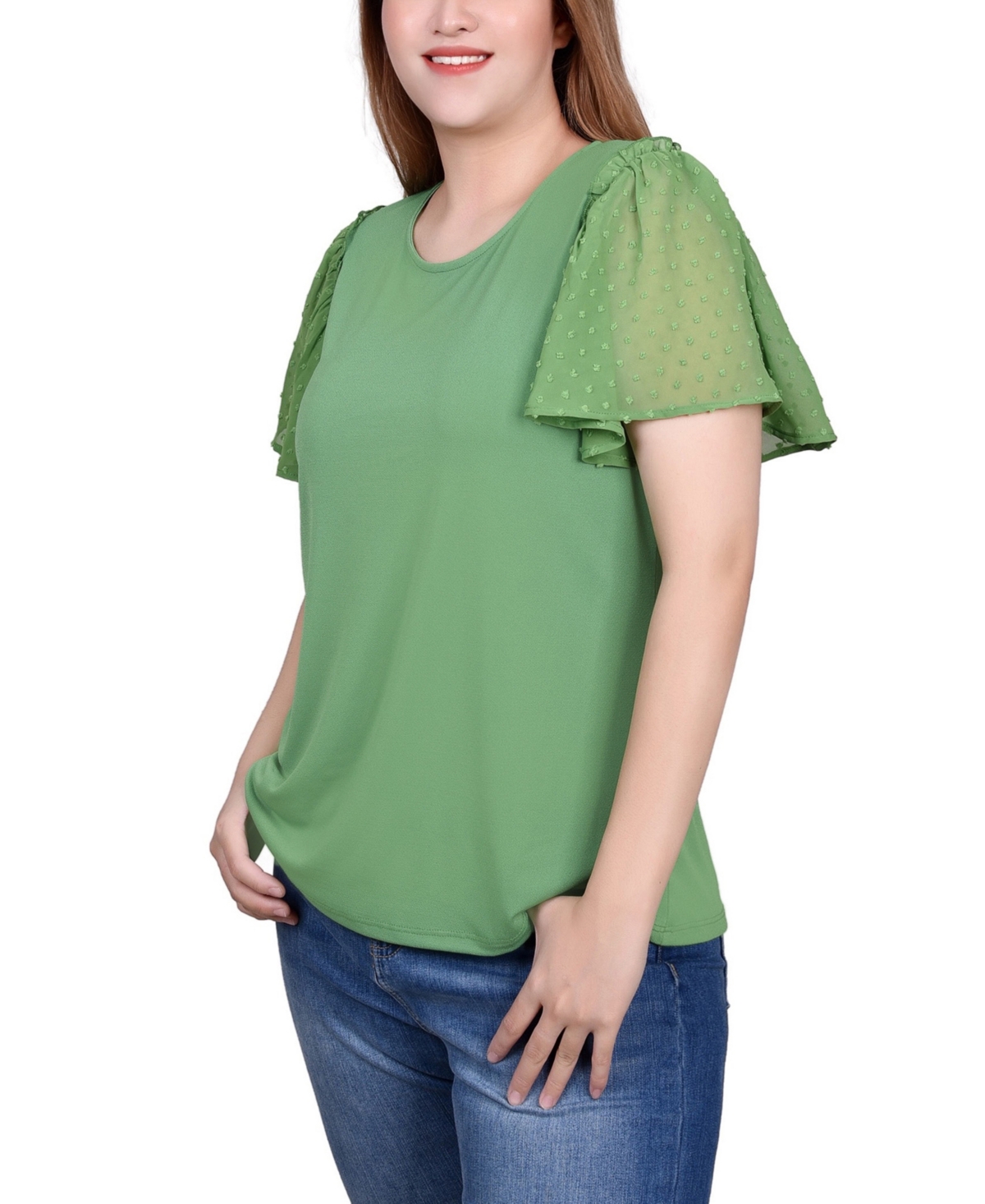 NY COLLECTION PETITE CLIP DOT FLUTTER SLEEVE TOP 
