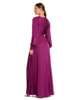 Women's Pleated High Neck Raglan Long Sleeve Side Slit Gown