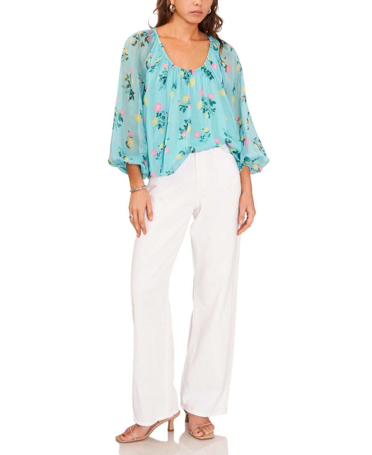 1.state Women's Floral Women's Scoop-Neck Long-Sleeve Blouse