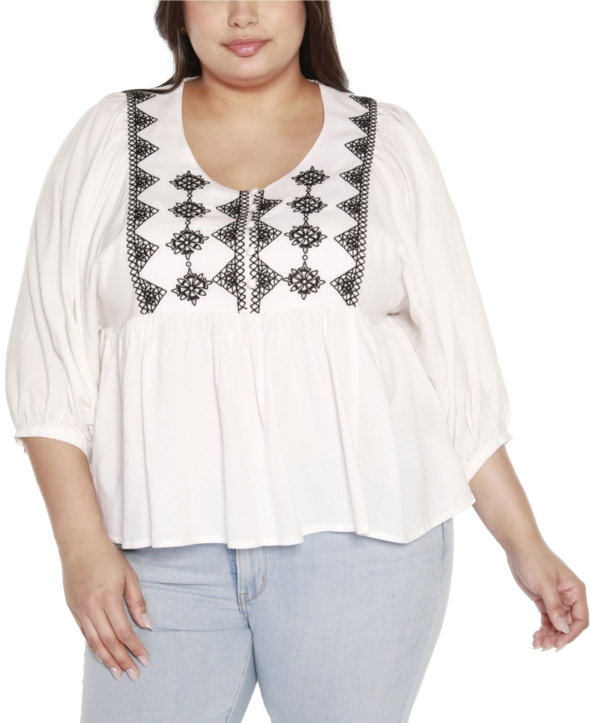 Black Label Plus Size Embroidered Boho Fit and Flare Top - White