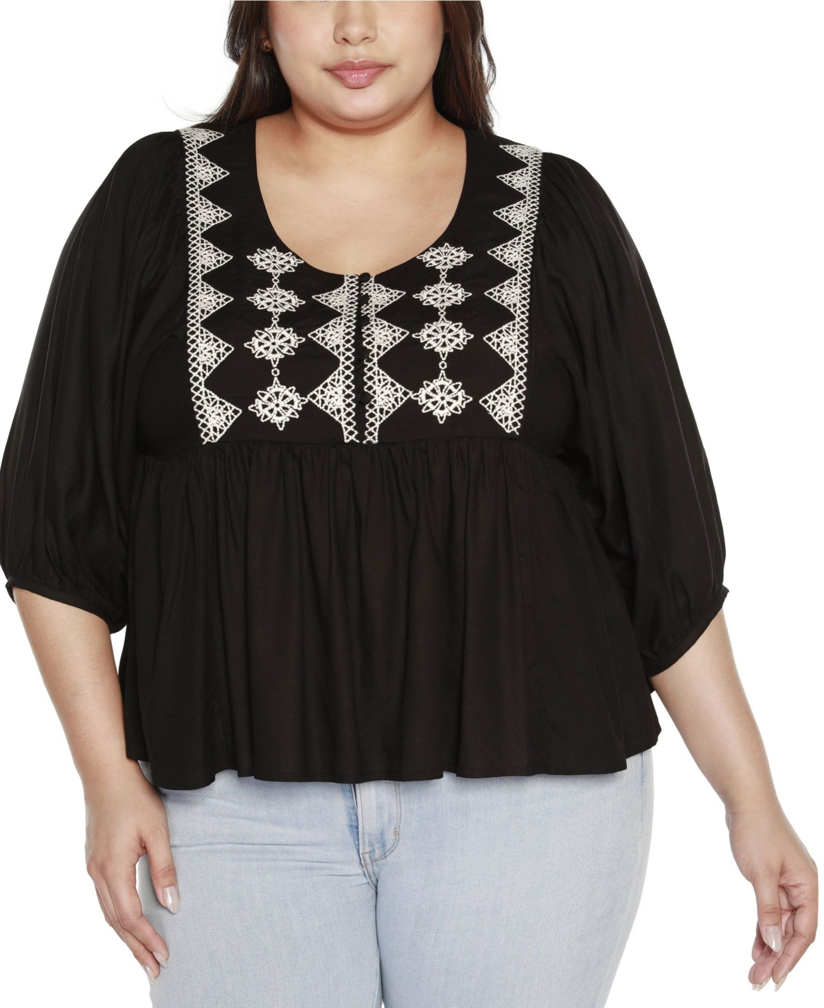 Black Label Plus Size Embroidered Boho Fit and Flare Top - White