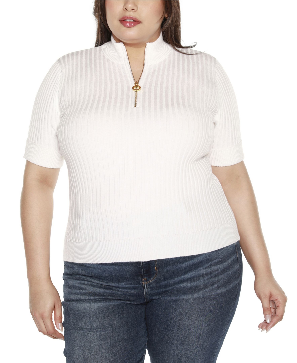 Black Label Plus Size Mock Neck Zip Front Ribbed Short Sleeve Sweater - Key Lime