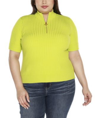 Black Label Plus Size Mock Neck Zip Front Ribbed Short Sleeve Sweater