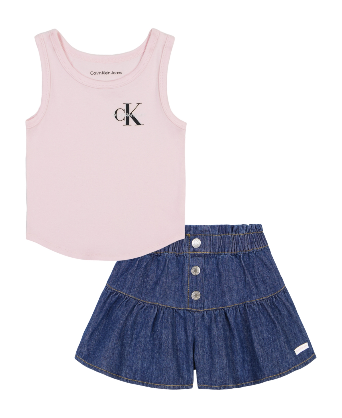 Shop Calvin Klein Little Girls Scoop Neck Logo Tank And Peplum Denim Skort, 2 Piece Set In Pink,navy