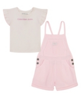 Calvin Klein Little Girls Flutter Sleeve Pattern T-shirt and Muslin Shortalls, 2 Piece Set - Pink