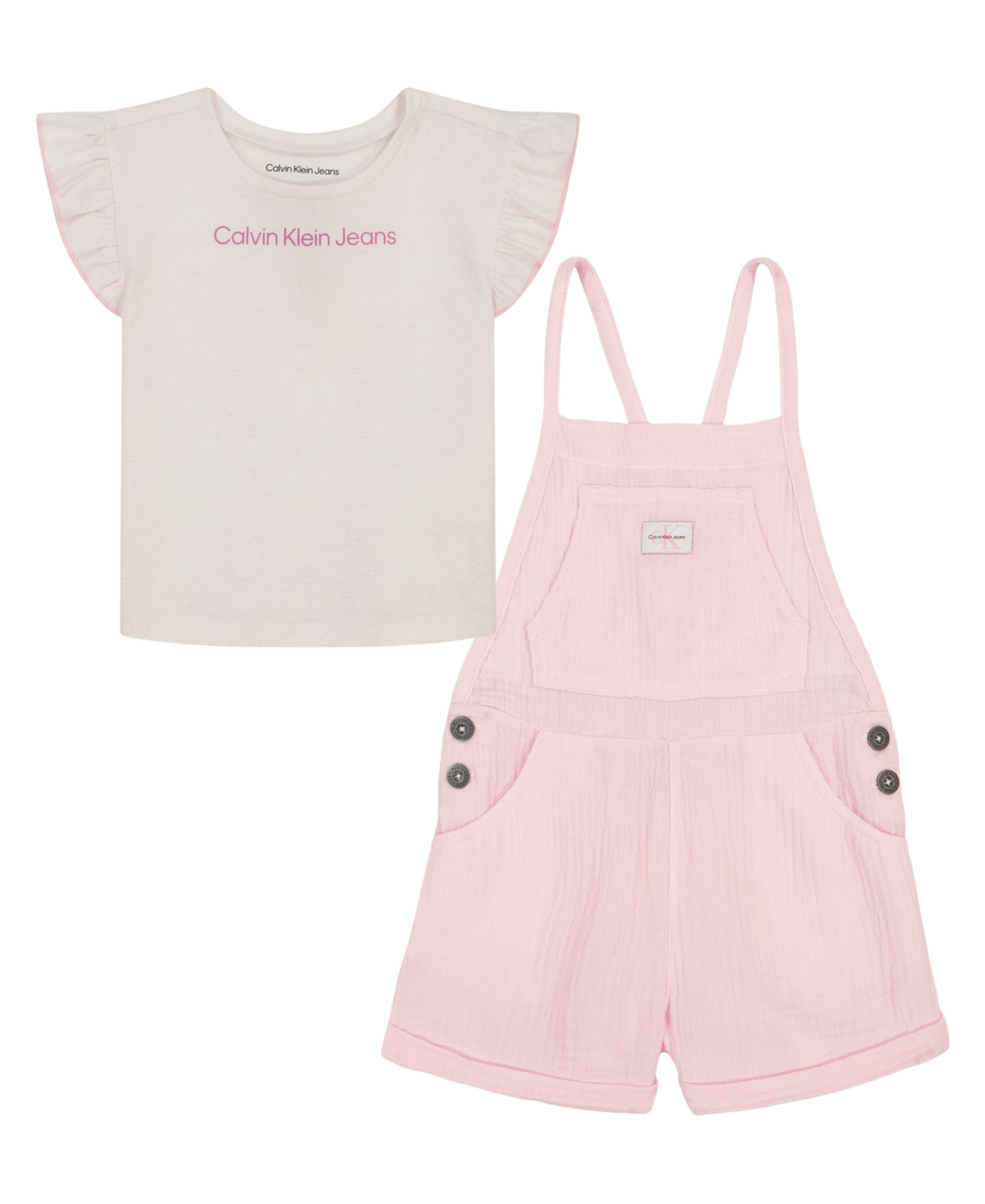 Calvin Klein Kids' Toddler Girls Flutter Sleeve Pattern T-shirt And Muslin Shortalls, 2 Piece Set In Pink