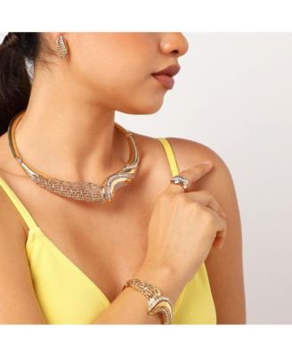 Women's Gold Embellished Twisted Necklace, Earrings, Bracelet And Ring (Set Of 4)