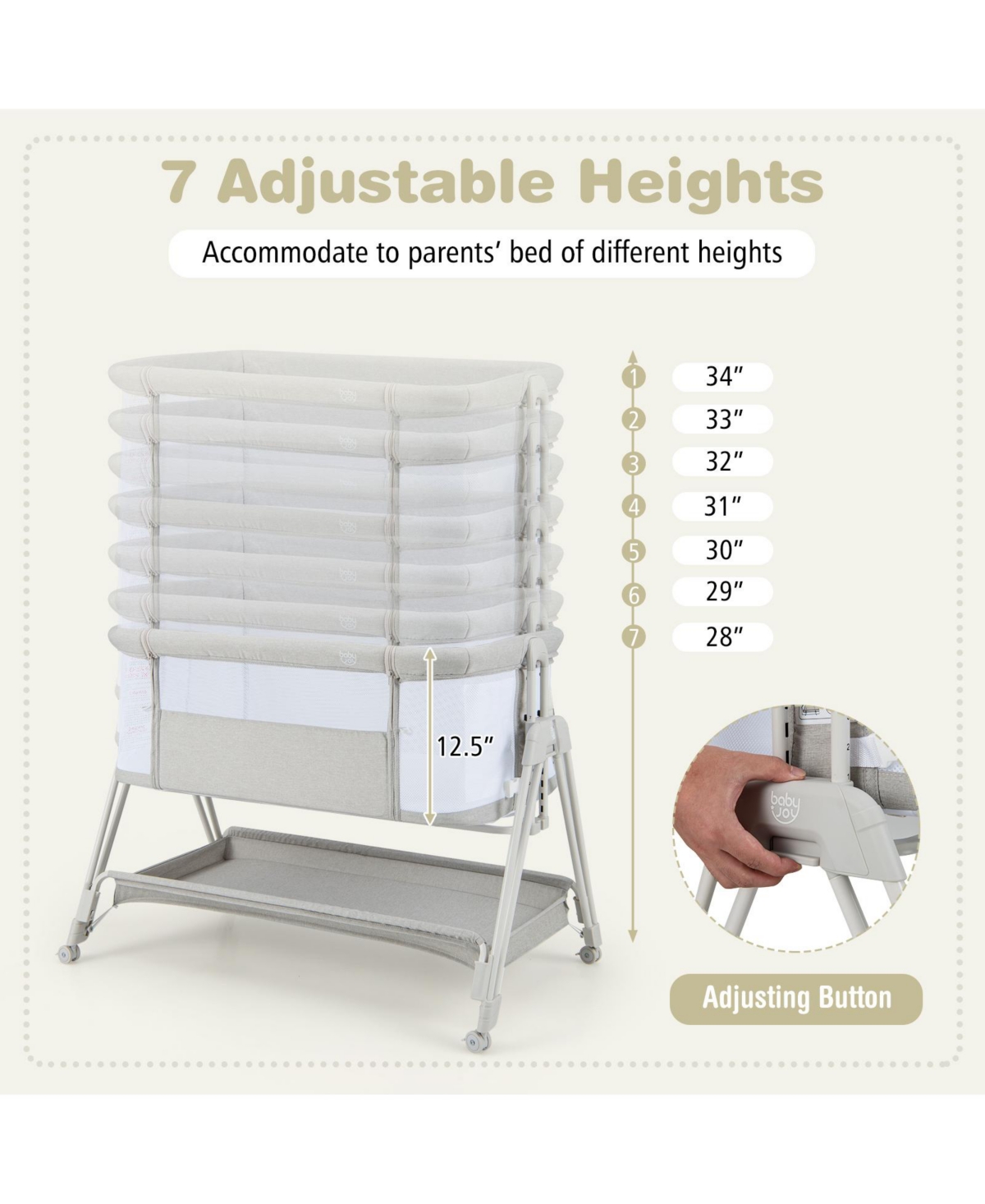 Slickblue Girls Portable Bedside Sleeper for Baby with 7 Adjustable Heights