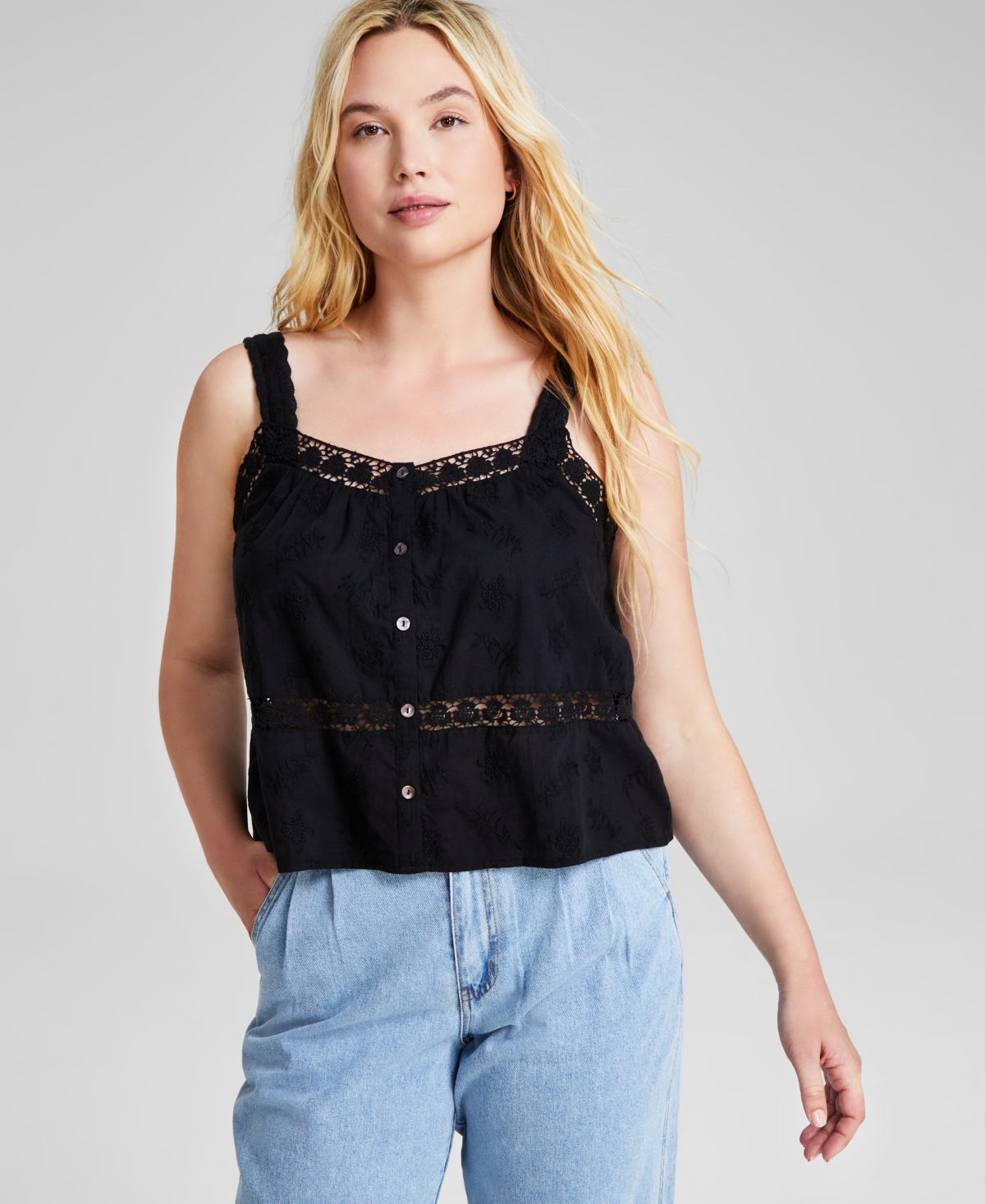 And Now This Women's Woven Crochet Tank Top, Created For Macy's In Black