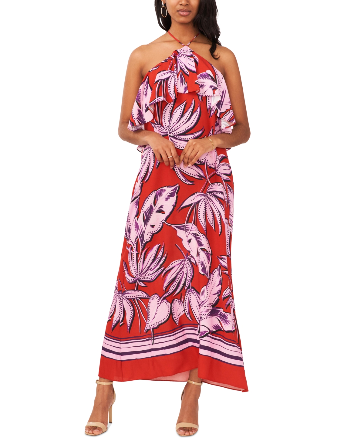 1.state Women's Tropical Print Ruffled Halter Neck Maxi Dress In Aurora Red