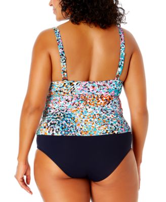 Shop Anne Cole Plus Size Printed Drape Front Tankini Top Solid High Waist Bikini Bottoms In Multi Color