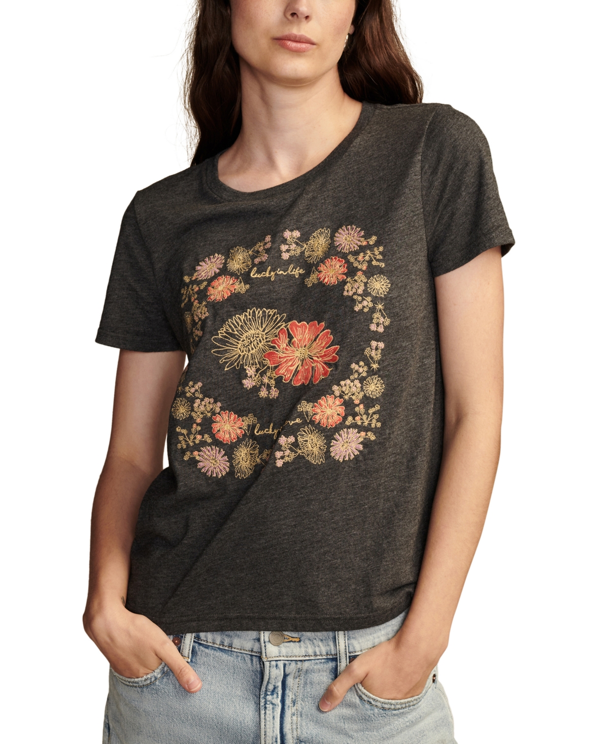 Women's Floral Embroidery Classic Crewneck T-Shirt - Charcoal Heather Grey