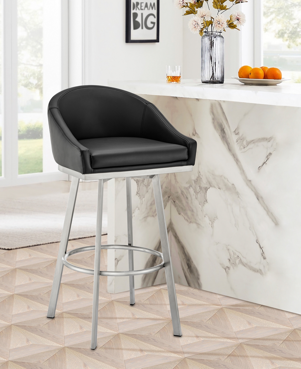 Shop Armen Living Eleanor 30" Swivel Bar Stool In Brushed Stainless Steel With Faux Leather In Black,brushed Stainless Steel