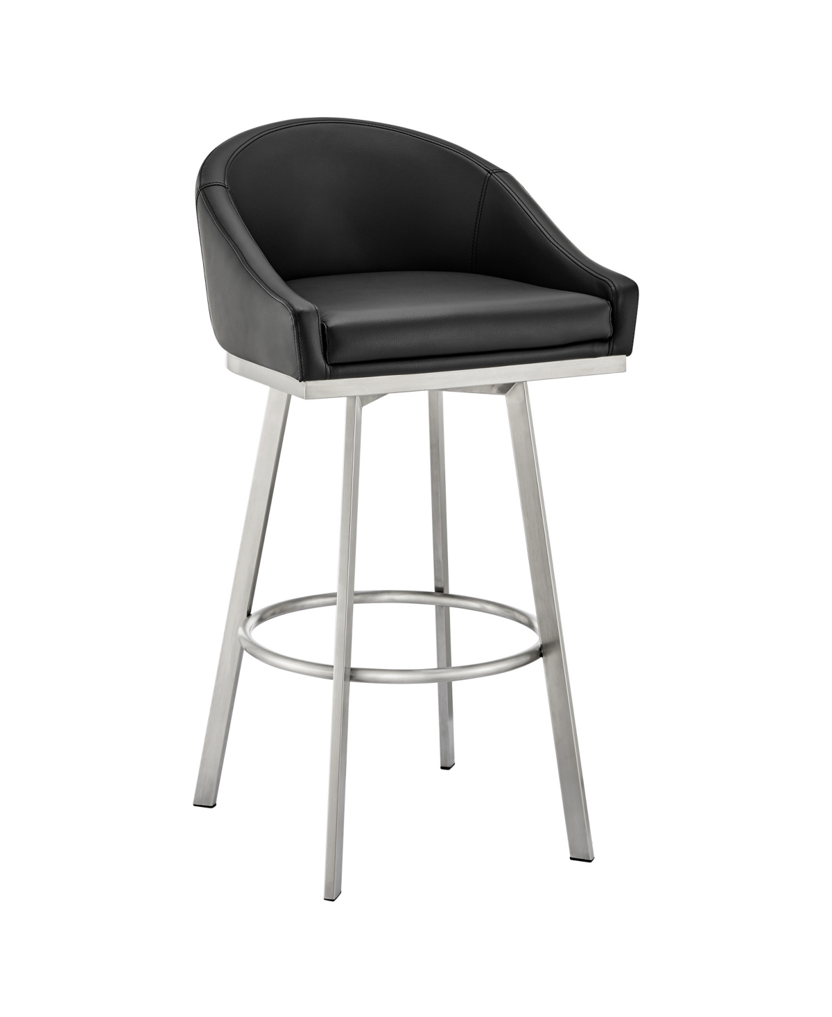 Shop Armen Living Eleanor 26" Swivel Counter Stool In Brushed Stainless Steel And Faux Leather In Black,brushed Stainless Steel