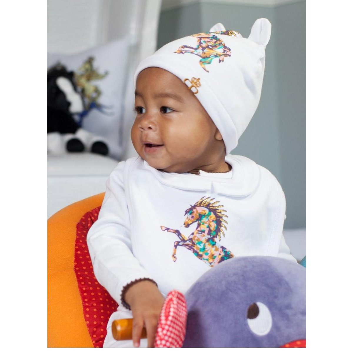 Royal Baby Collection Baby Royal Baby Horse Print Organic Cotton Gloved Footed Coverall With Hat in Gift Box - White with horse collage