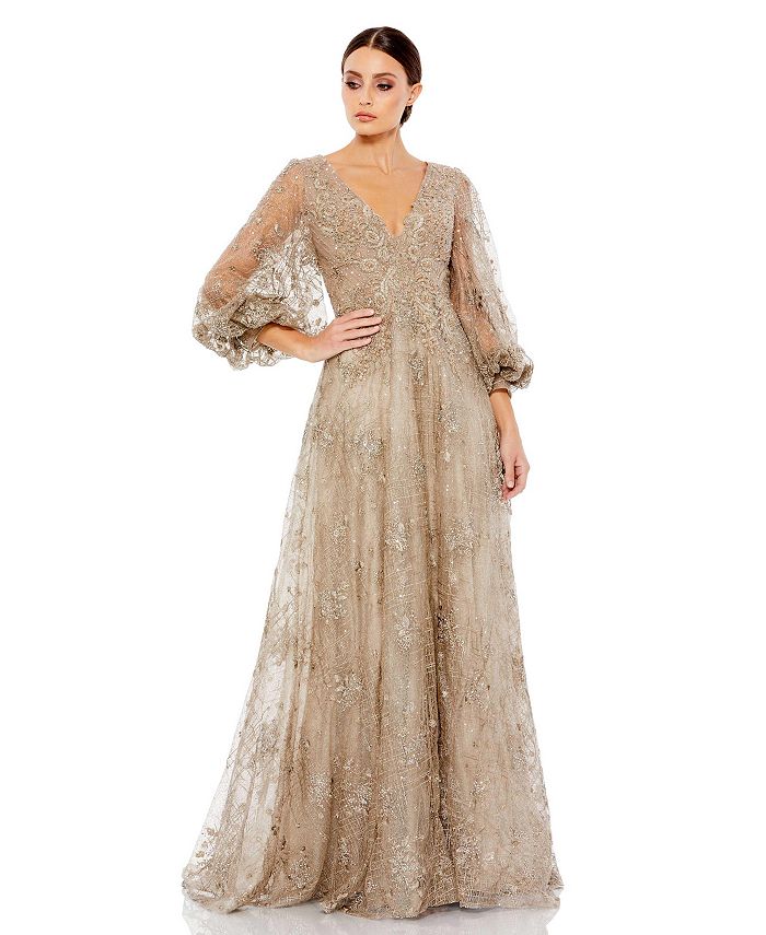 Mac Duggal Women's Embellished Plunge Neck Puff Sleeve A Line Gown - Macy's