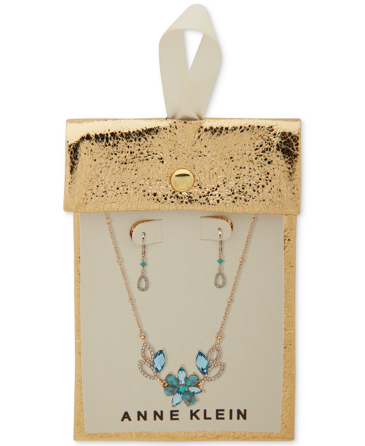 Shop Anne Klein Gold-tone Floral Cluster Drop Earrings & Pendant Necklace Set, 16" + 3" Extender In Turquoise