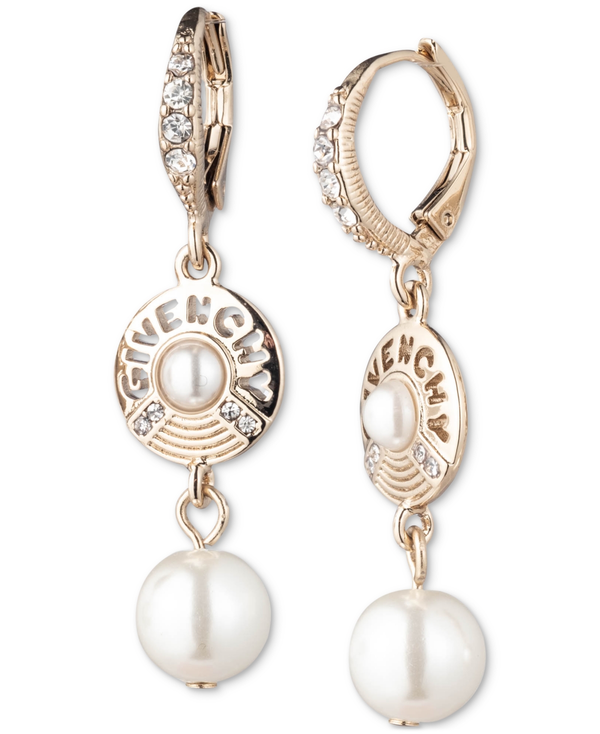 Shop Givenchy Gold-tone Pave, Imitation Pearl & Logo Double Drop Earrings In White