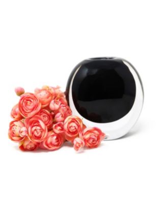 Black Glass Vase with Black Inlay and Pink Flowers