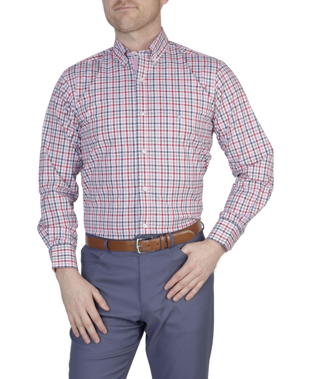 Men's Gingham Cotton Stretch Long Sleeve Shirt - Blue
