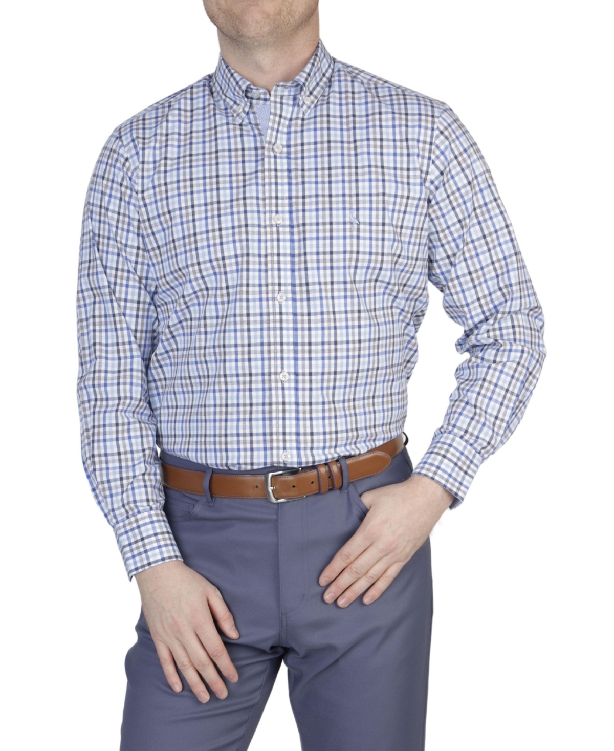 Men's Gingham Cotton Stretch Long Sleeve Shirt - Blue