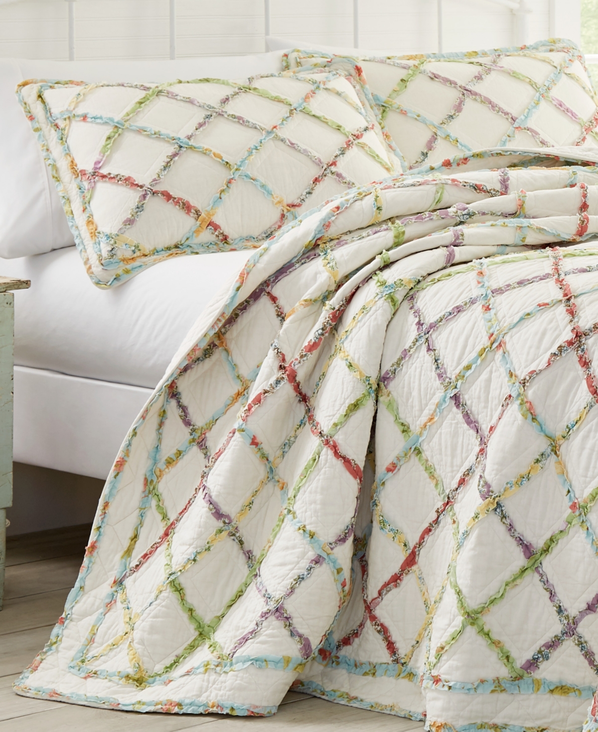 Laura Ashley Ruffle Garden Appliqued Diamond Cotton Quilt,