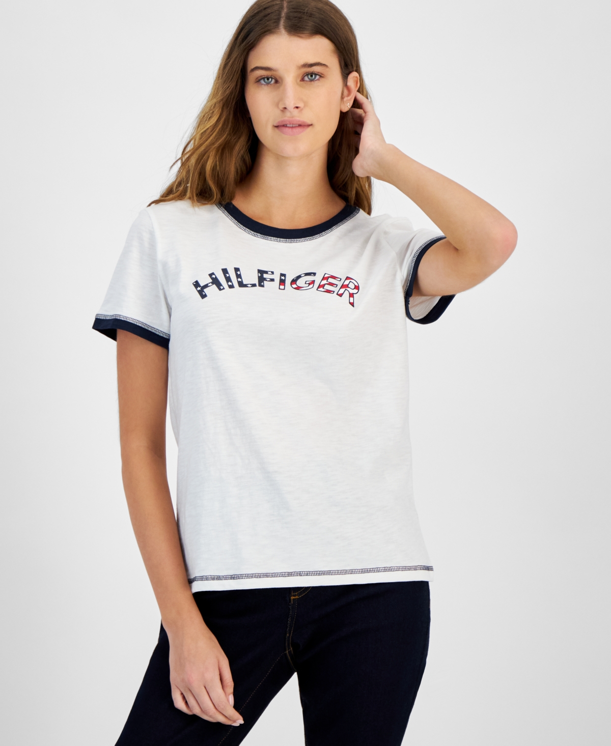 Shop Tommy Hilfiger Women's Cotton Crewneck Logo T-shirt In Brt White