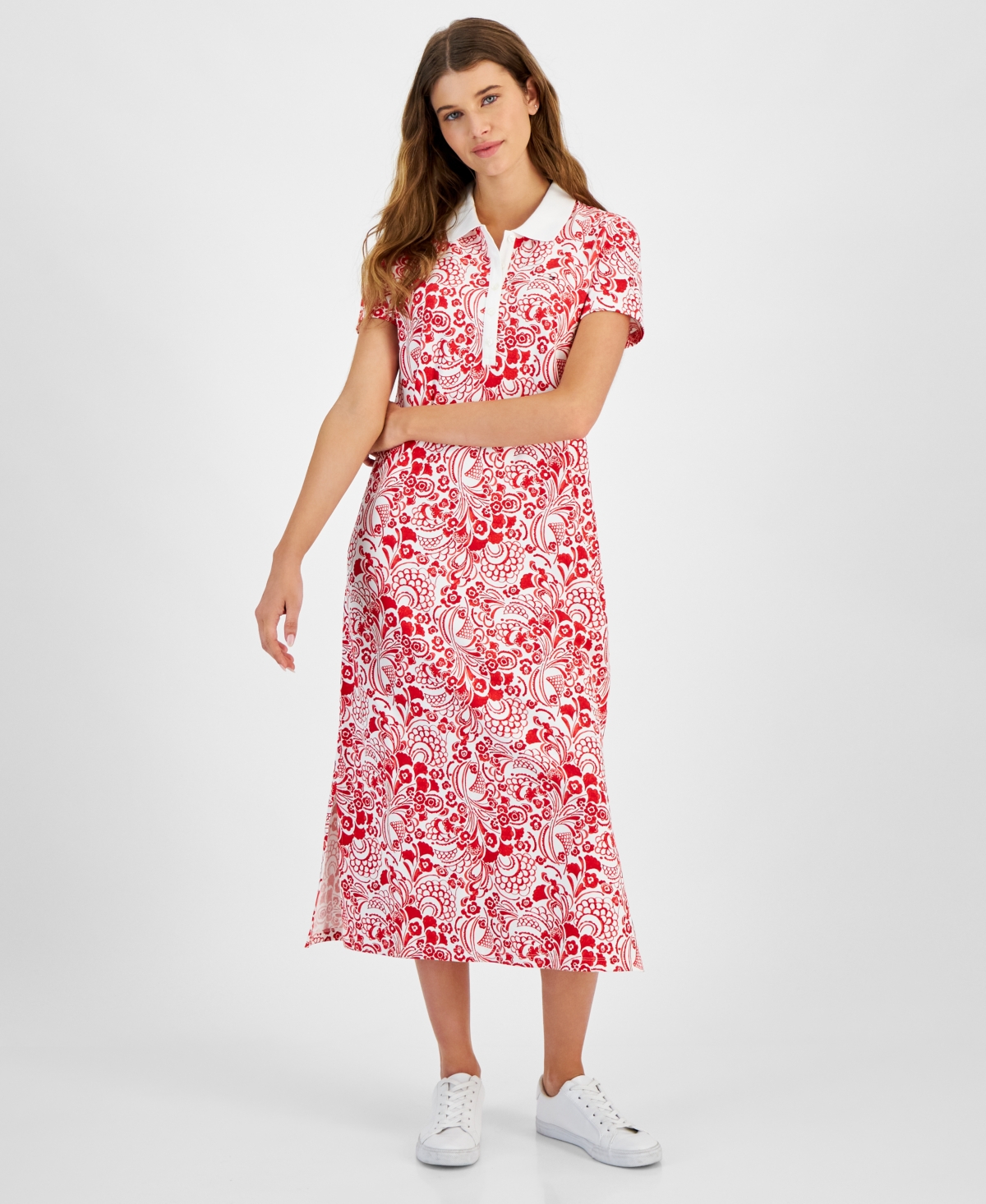 Shop Tommy Hilfiger Women's Floral-print Short-sleeve Dress In Scarlt Mul