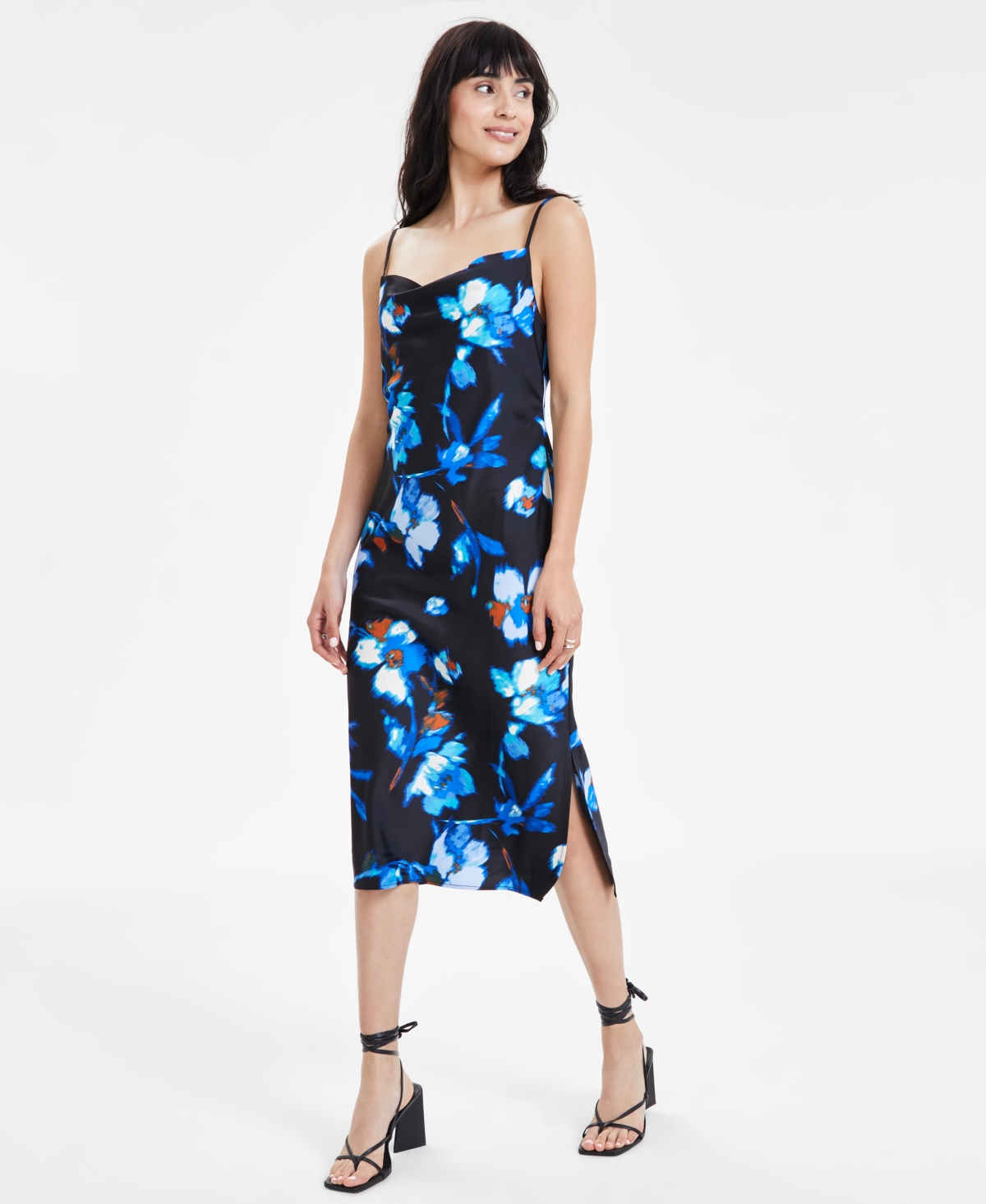 Women's Floral-Print Bias-Cut Midi Dress, Created for Macy's - Black/French Blue